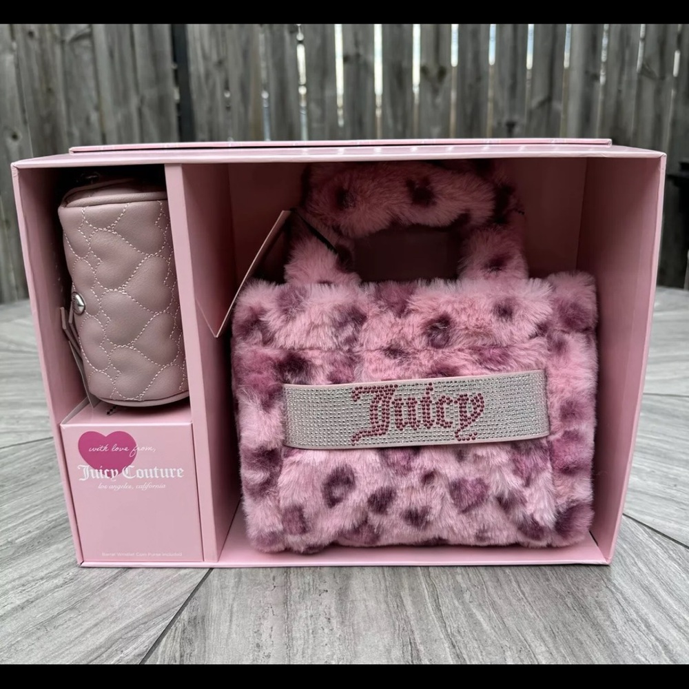 Juicy Couture Pink Leopard Mini Tote & Barrel Coon Purse Set